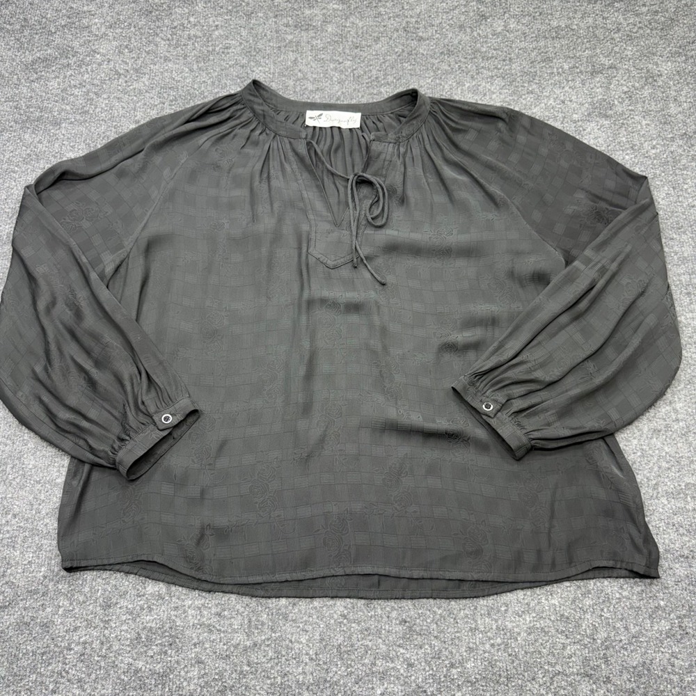 Dragonfly Black‎ Rose Jacquard Tie Neck Peasant Blouse Womens Medium Long Sleeve